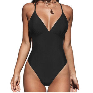 NWT Cupshe Vneck Criss Cross Back 1pc Swimsuit - Black M